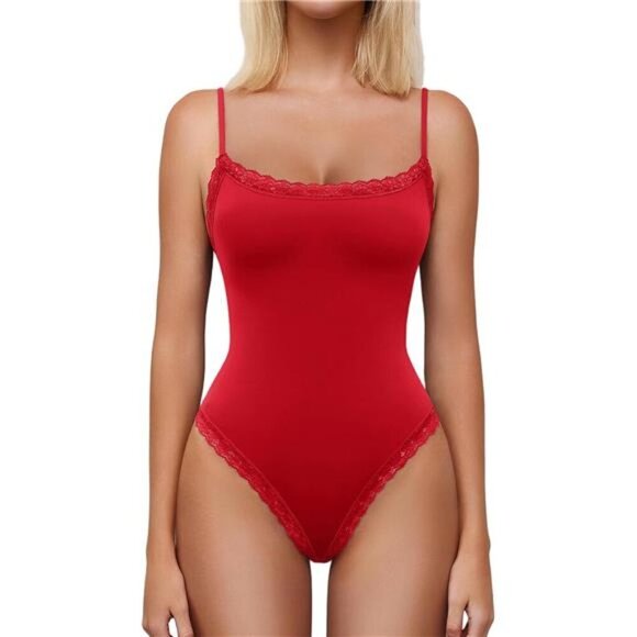 Women Square Neck Lace Bodysuit Sleeveless Red - Picture 1 of 6